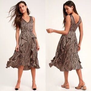 Lulus Tiger Stripe Satin Midi Dress – Sleeveless V-Neck, Size Small, NWT